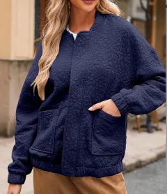 Fashion Cardigan Button Texture Long Sleeve Coat Jacket Women - Navy - View 1