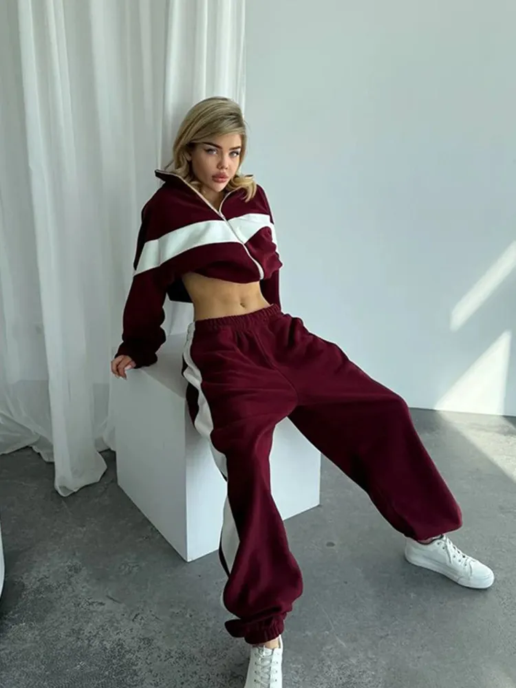 Fashion European And American Style Casual Sports Suit Zipper Cardigan Trousers - Wine
