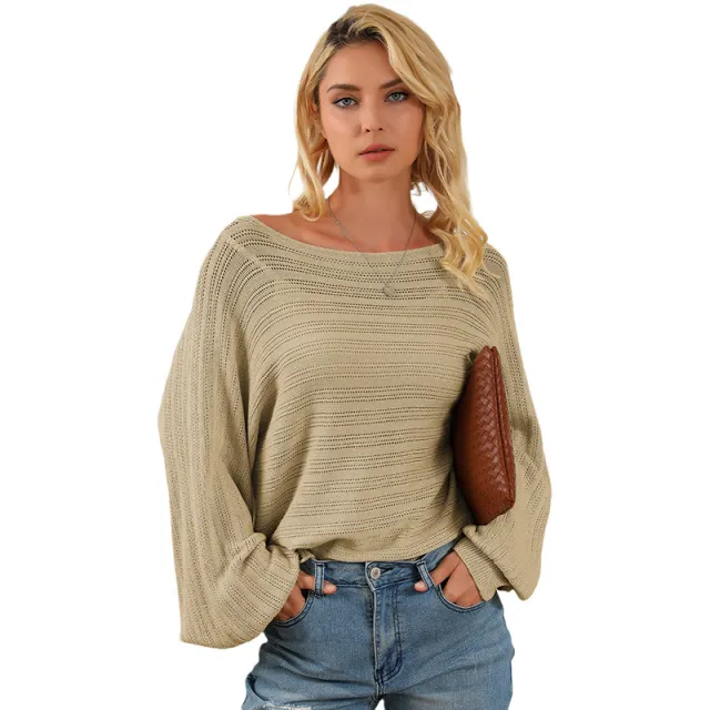 Textured Lantern Sleeve Off neck Sweater Loose Pullover Sweater Apricot Yellow - Shop at LoveMi