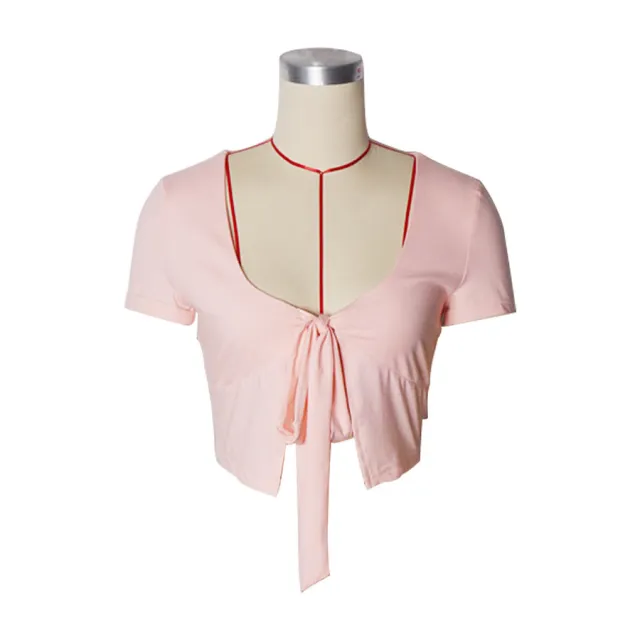 European And American Women's Clothing Summer Short sleeved Top Lace up Cotton T shirt Pink - Shop at LoveMi
