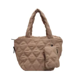 Women's Solid Colour Diamond Plaid Shoulder Handbag - Khaki - View 1