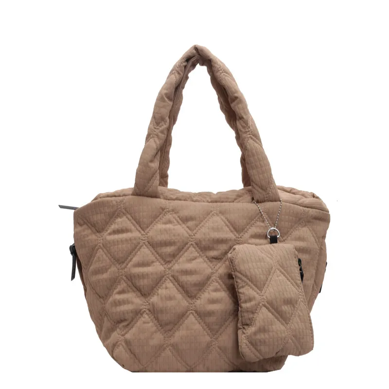 Women's Solid Color Diamond Plaid Shoulder Handbag - Khaki