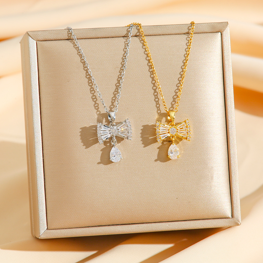 French-style Light-luxury All-diamond Bow Necklace For Women