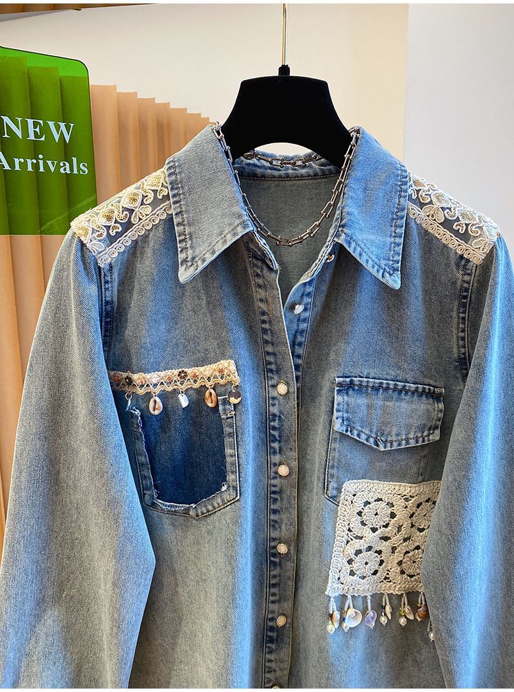 Loose-fit Lace Epaulette Patchwork Shirt Jacket Top Loose-fit Lace Epaulette Patchwork Shirt Jacket Top