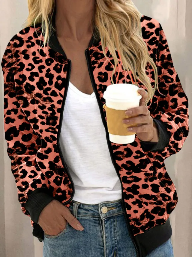 Leopard Print Stand Collar Cardigan Zipper Coat Red - Shop at LoveMi