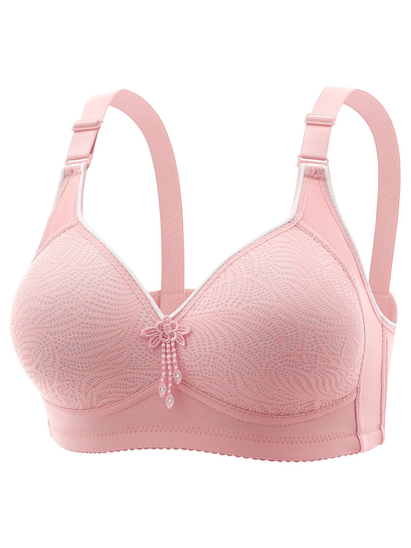 Lace Floral-patterned Wireless Bra With Four-row Three-hook Closure And Padded Cups S Cameo Brown
