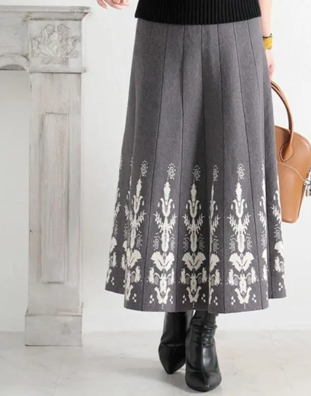 Jacquard Slim Knit A Line Temperament Long Dress Gray - Shop at LoveMi