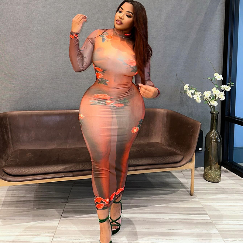 Fashion Printed Dress Round Neck Pullover Long Sleeve Pullover One-step Skirt