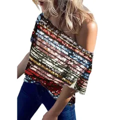 Lady Sexy Oblique Shoulder Color Sequined Top - Color-Xxl - View 1