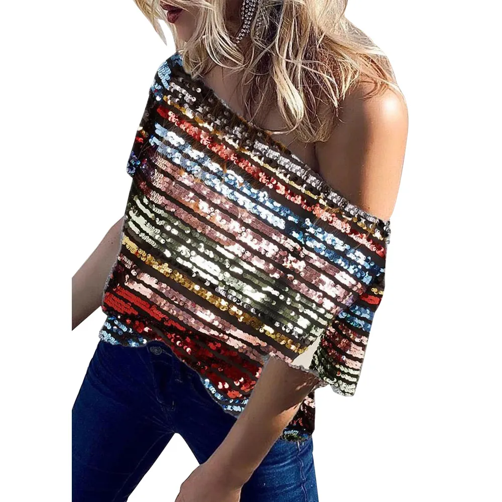 Lady Sexy Oblique Shoulder Colour Sequined Top - Colour