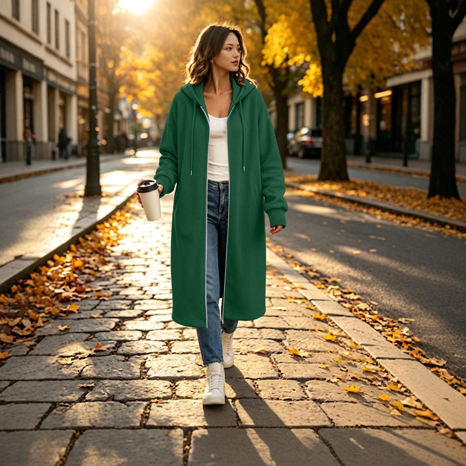 Solid-color Casual Mid-length Hooded Cardigan For Women