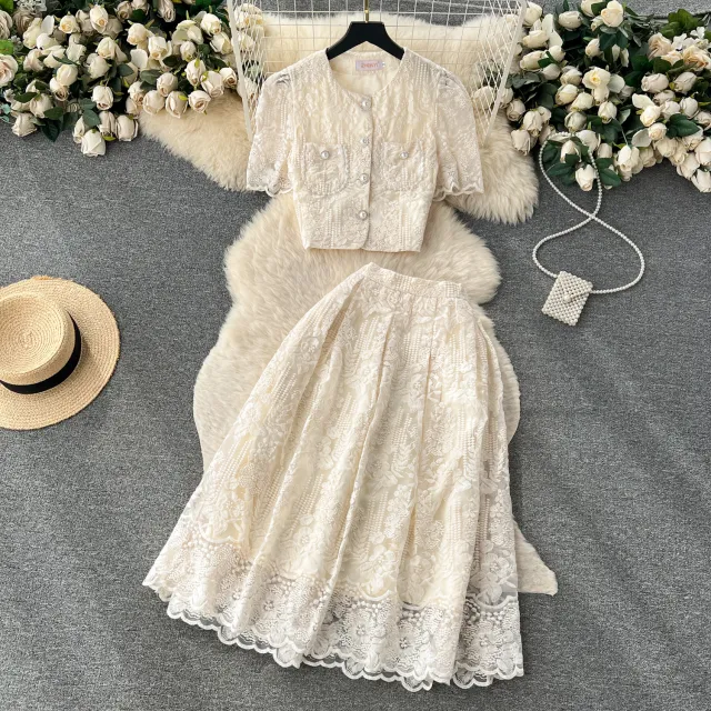 Fashion Puff Sleeve Shirt Skirt Suit Apricot - Shop at LoveMi