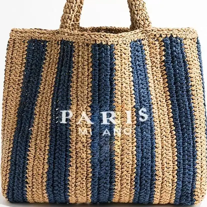 Stylish Vertical-Striped French-Style Straw Handbag