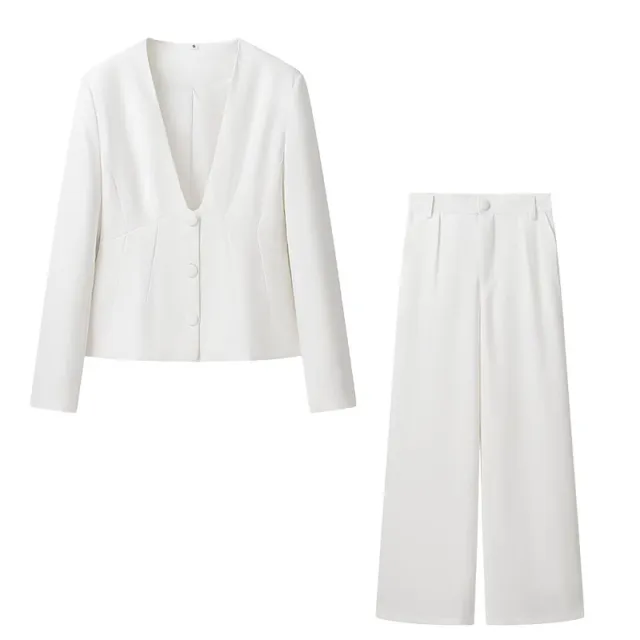 V neck Suit Coat Straight Wide Leg Pants Two piece Set White - Shop at LoveMi