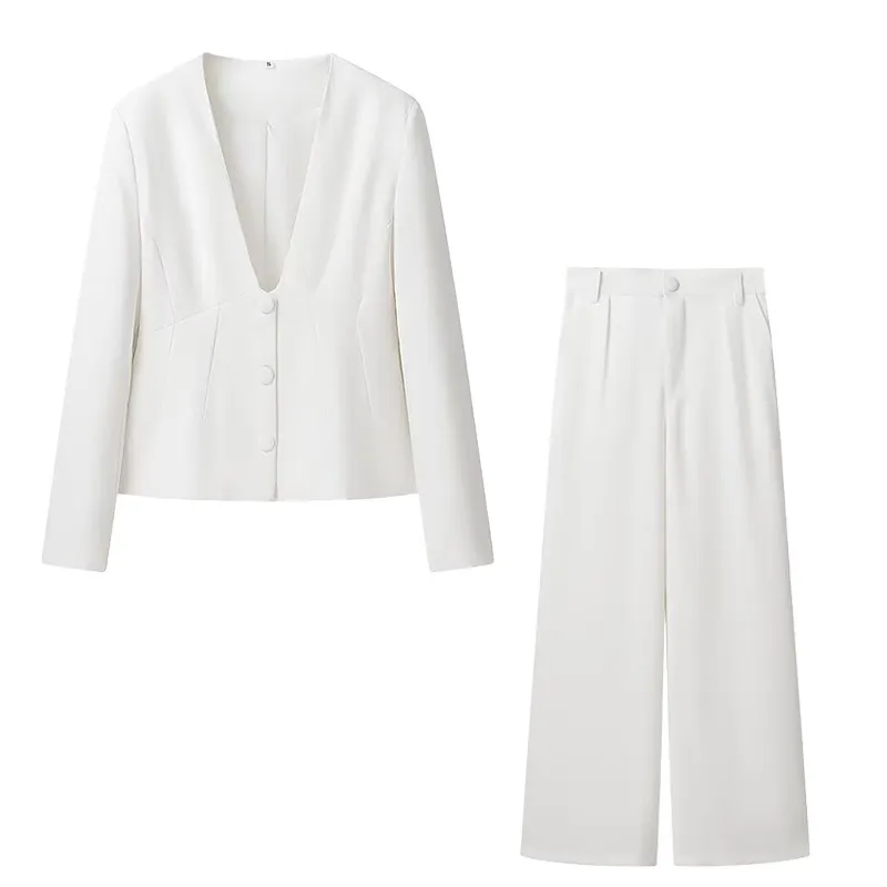 V-neck Suit Coat Straight Wide Leg Pants Two-piece Set - White