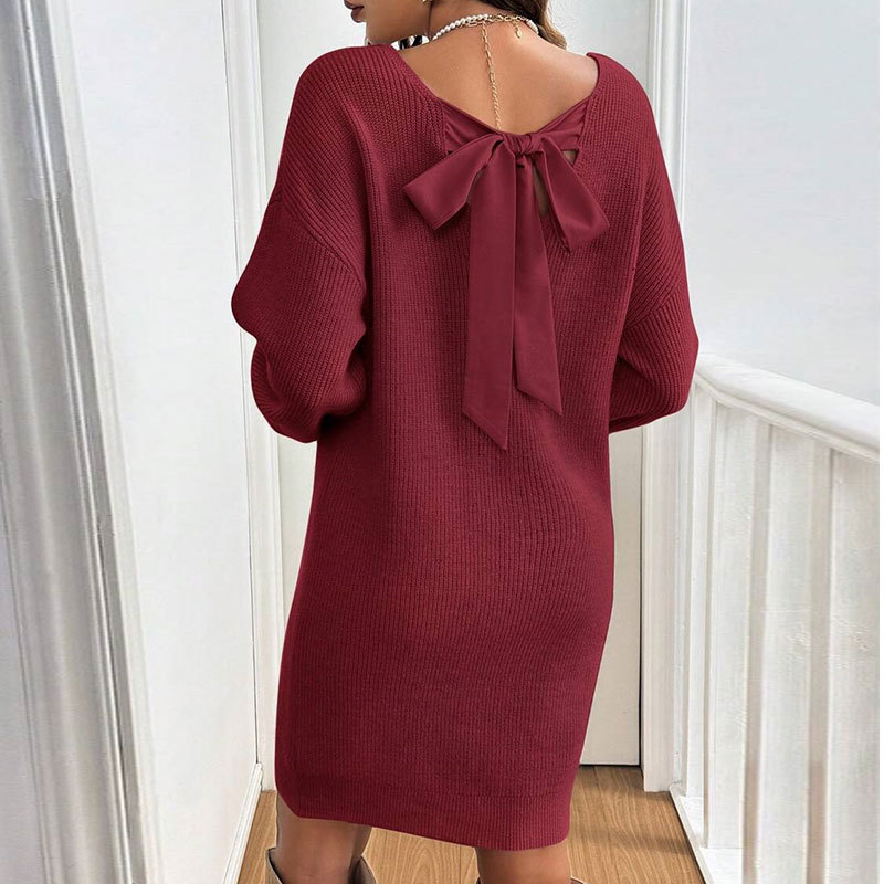 Loose Knitted V neck Bow Long Sleeve All matching Pullover Woolen Skirt Wine - Shop at LoveMi