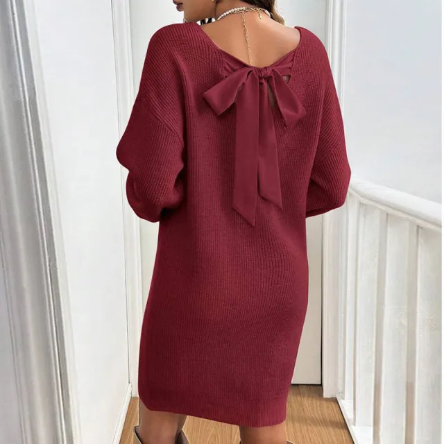 Loose Knitted V neck Bow Long Sleeve All matching Pullover Woolen Skirt Red - Shop at LoveMi