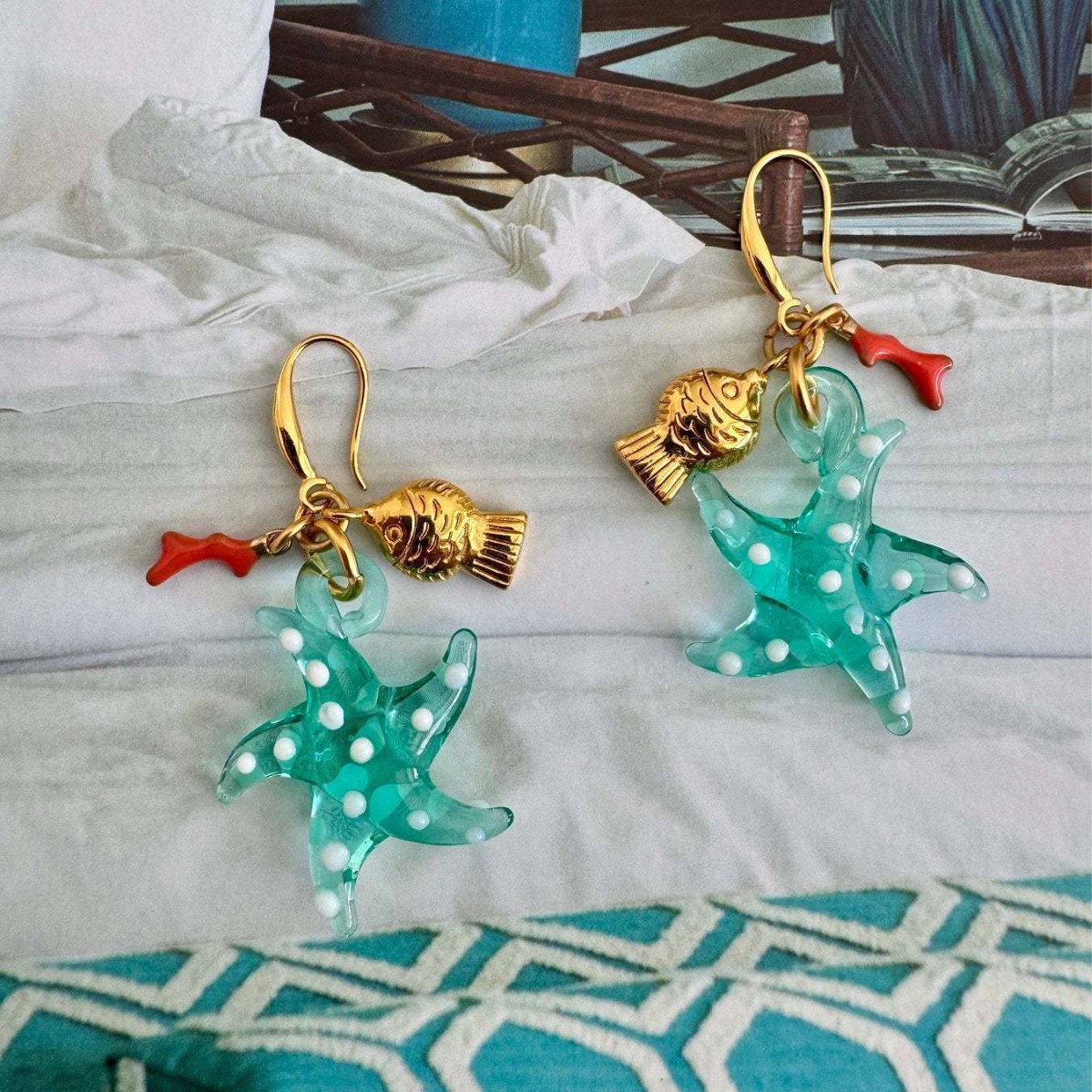 Big Starfish Small Goldfish Seahorse Coral Earrings Stainless Steel Material