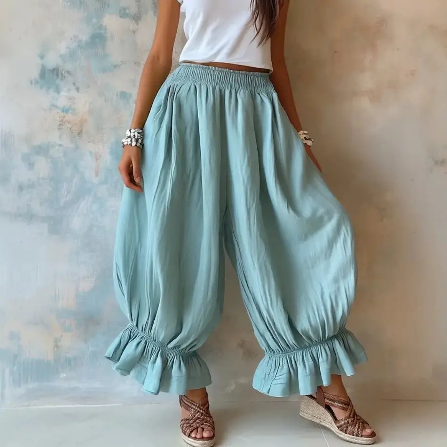 Loose Casual Cotton-linen Flared Pants With Ruffled Hems For Women