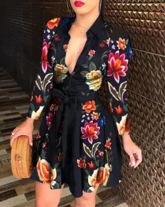 Women's Long Sleeve V-neck Printed Dress - Big Black Flower - View 1