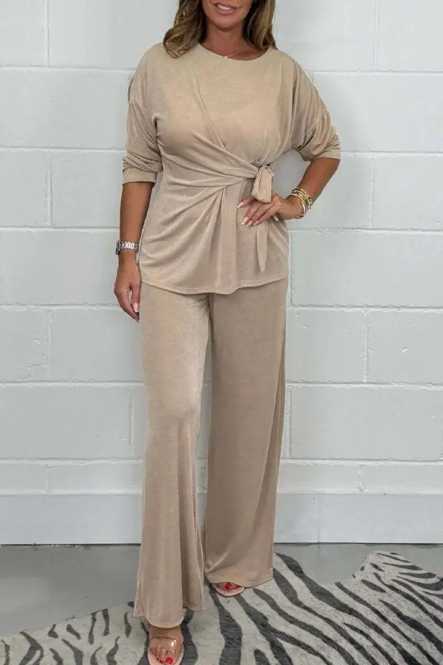 Europe And America Cross Border Fall Women's Clothing Solid Color Casual Fashion Lace up Long Sleeve Top And Trousers Suit Beige - Shop at LoveMi