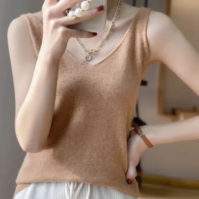 Women's Sleeveless V neck Solid Color Cashmere Vest Golden Camel - Shop at LoveMi