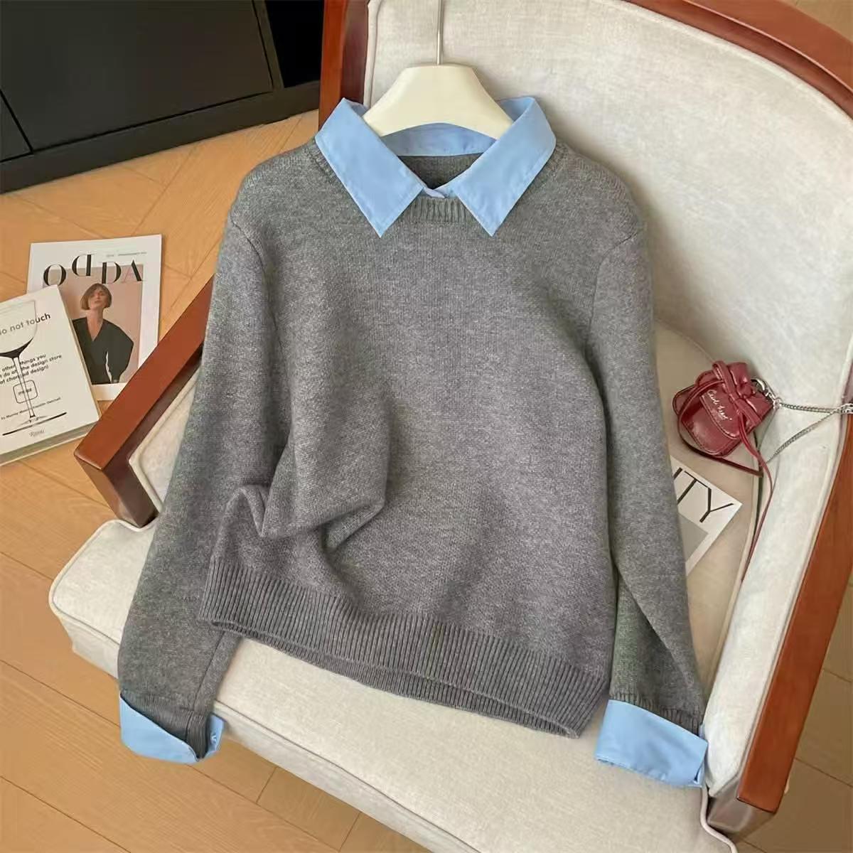 New Autumn Winter Womens Patchwork Faux Two-piece Sweater