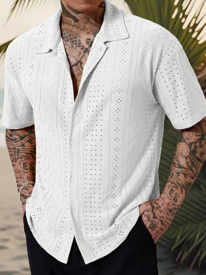 Mens Versatile Hollow-Out Jacquard Casual Shirt