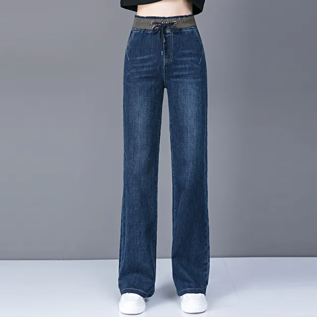 Plus Size High Waist Straight Drooping Pants Jeans Mop Pants Bell bottom Pants 9192 Blue Trousers - Shop at LoveMi