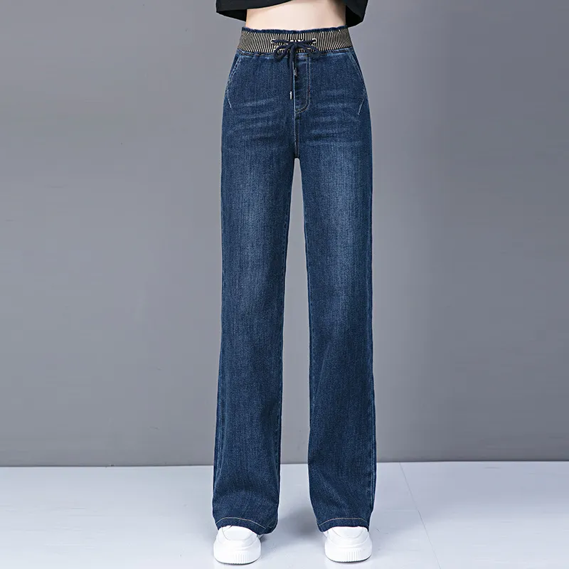 Plus Size High Waist Straight Drooping Pants Jeans Mop Pants Bell-bottom Pants - 9192 Blue Trousers