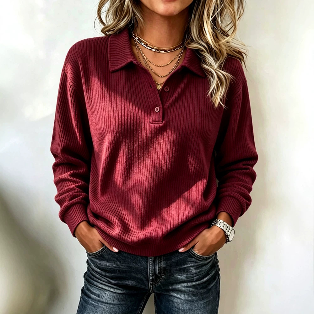 Womens Vertical-striped Lapel Half-button Knitted Long-sleeve Top