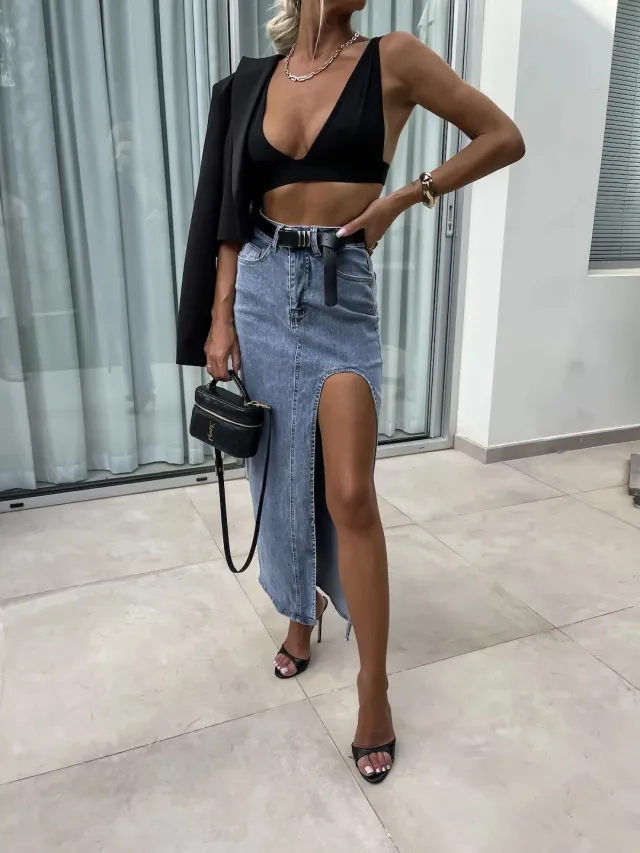 Retro Women's High Waist Irregular Slit Denim Skirt Blue - Shop at LoveMi