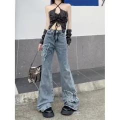 Retro Butterfly Embroidered Jeans High Waist Wash Slightly Flared Mop - Blue - View 1