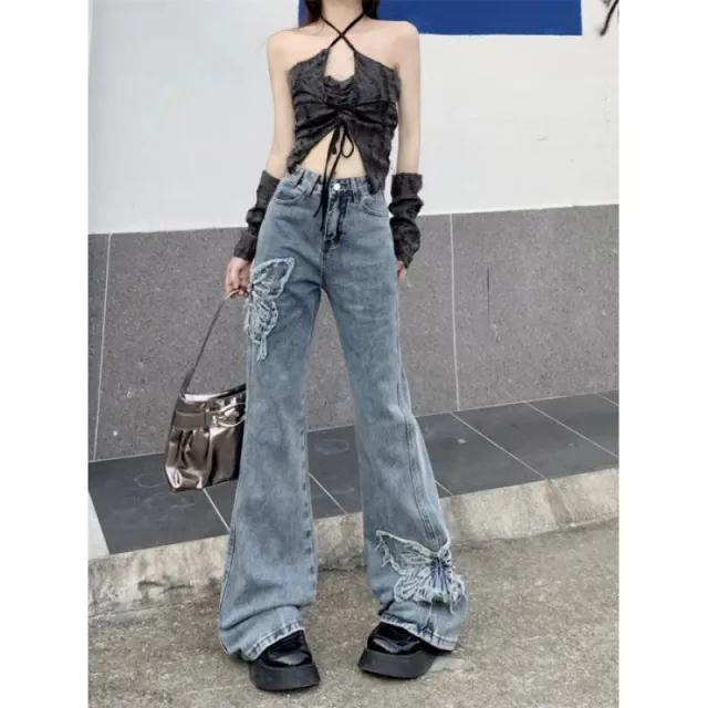 Retro Butterfly Embroidered Jeans High Waist Wash Slightly Flared Mop Blue - Shop at LoveMi