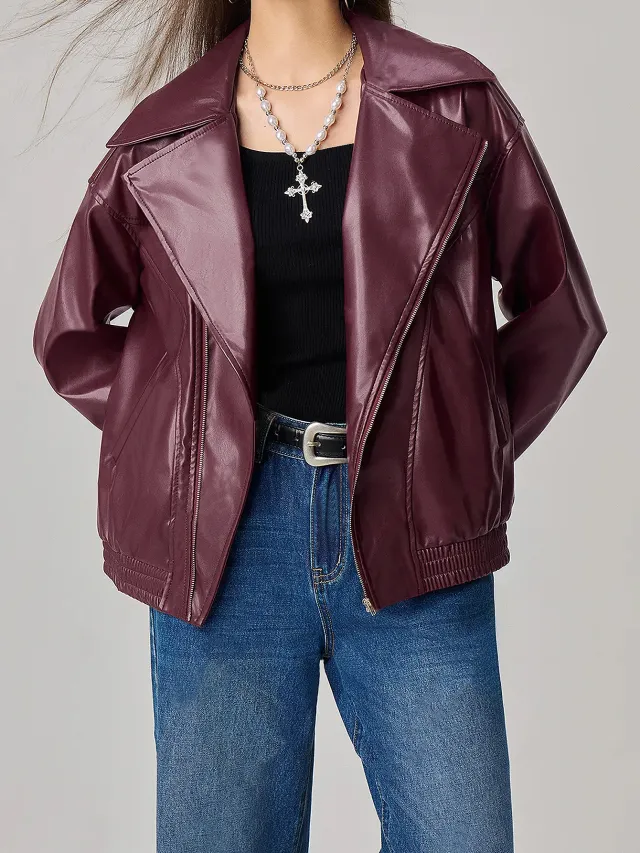 Loose fitting Long Sleeves Leather Jacket Coat Wine Red - Shop at LoveMi
