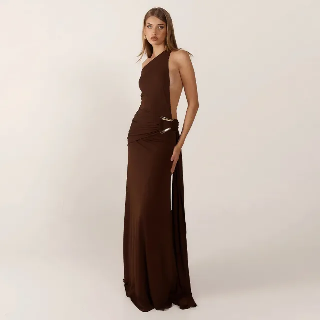 Elegant Fashion Slant Shoulder Women Dress Sexy Backless Metal Decoration Slim Solid Color Brown - Shop at LoveMi
