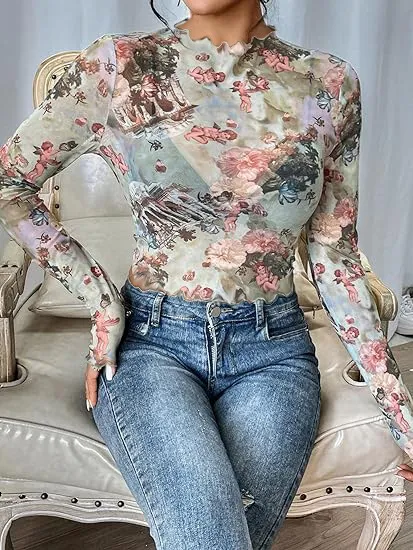 Lettuce Edge Floral Print Mesh Top Mixed Color - Shop at LoveMi