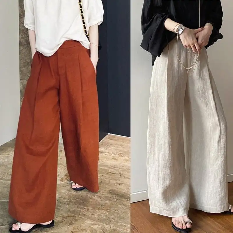 Womens Cotton-Linen Wide-Leg High-Waist Drapey Straight-Cut Casual Pants