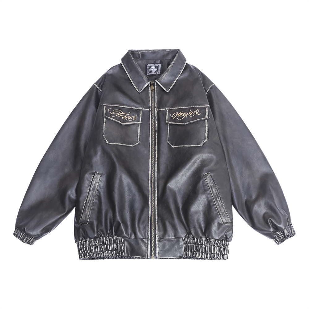 Flower Embroidery Cotton Padded Thickened Leather Coat Men