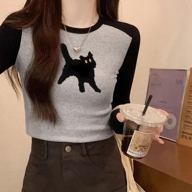 Women's Long sleeved T shirt Early Autumn Printed Design Color Contrast Bottoming Shirt Top Black - Shop at LoveMi
