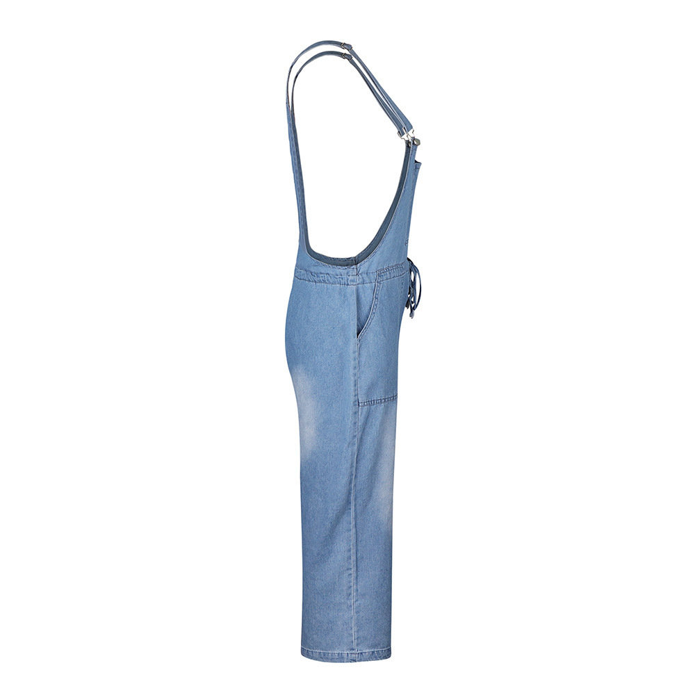 Women's cotton sleeveless overalls – dark blue side and back view