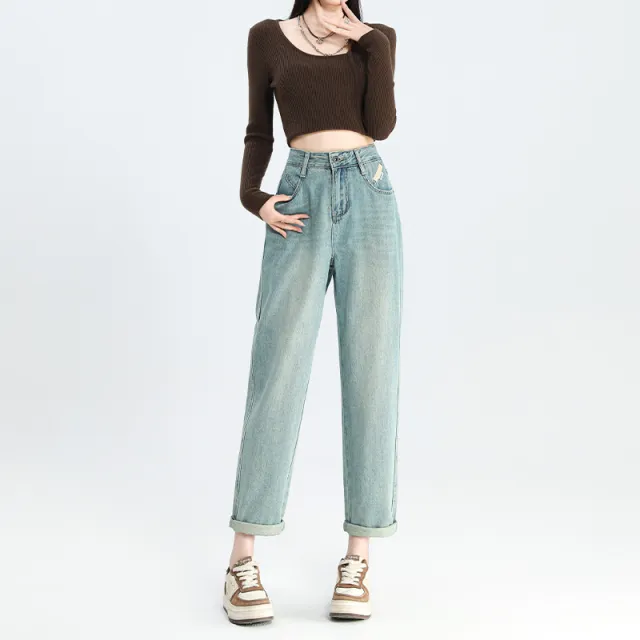 Ladies New Cropped High Waist Baggy Pants Light Blue - Shop at LoveMi