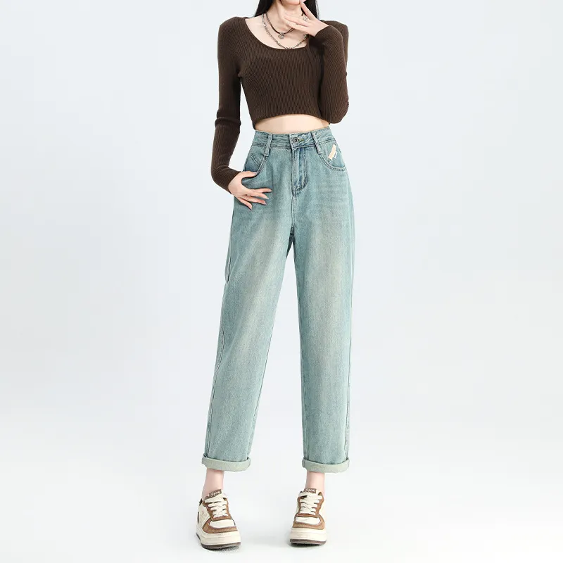 Ladies New Cropped High Waist Baggy Pants - Light Blue
