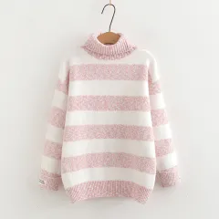 Japanese Style Half Turtleneck Pullover Long Sleeve Knitted Sweater Striped Contrast Colour Ladies - Pink - View 1