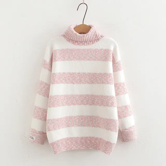 Japanese Style Half Turtleneck Pullover Long Sleeve Knitted Sweater Striped Contrast Color Ladies Pink - Shop at LoveMi