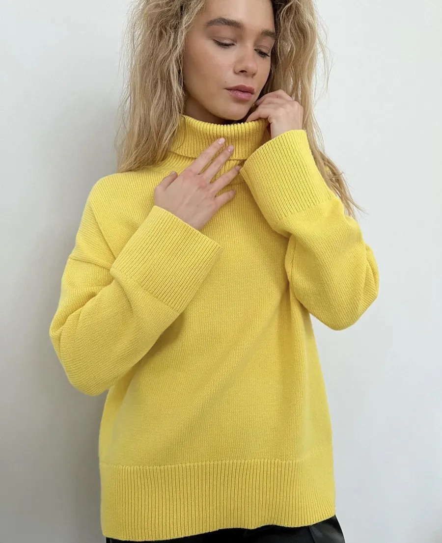 Autumn And Winter European And American Loose Basic Style Solid Color Pullover - Yellow