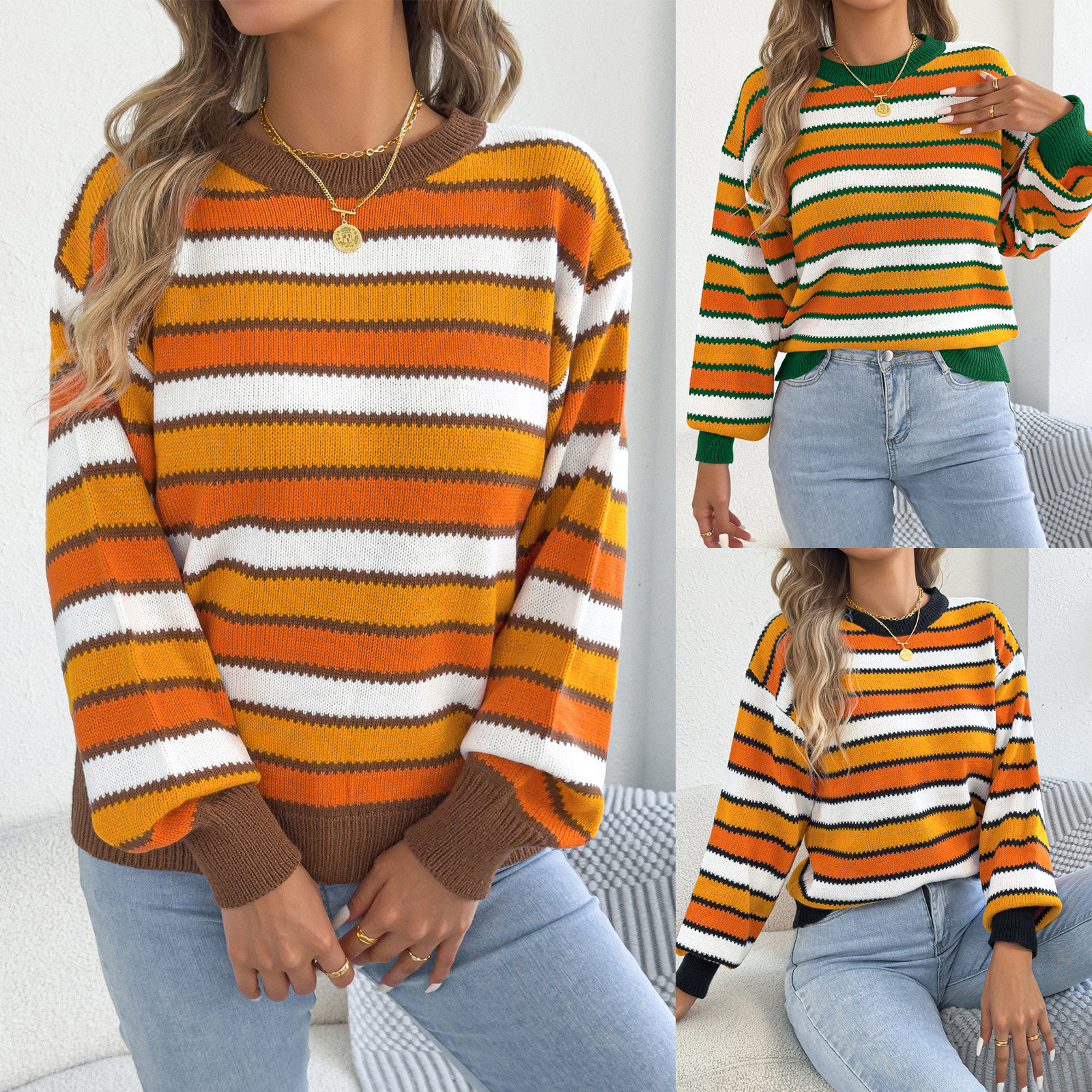 Womens Casual Color-Block Striped Pullover Sweater With Puff Sleeves