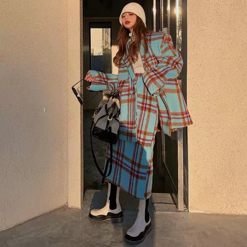 Winter Woolen New Skirt Plaid Suit