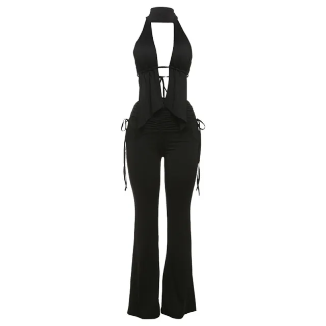 Sexy Low cut Halter Backless Lace up Trousers Suit Black - Shop at LoveMi