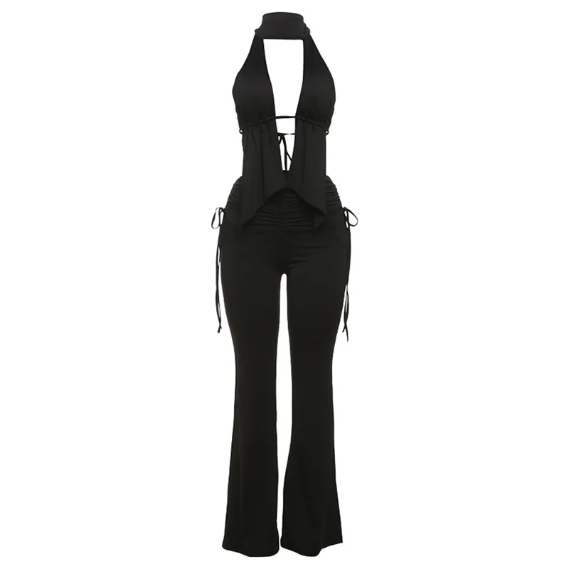 Sexy Low-cut Halter Backless Lace-up Trousers Suit - Black